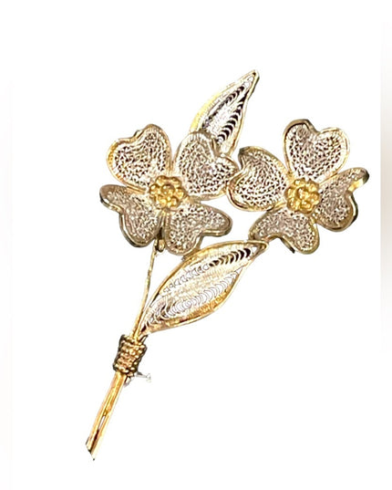 Antique 800 Italy silver gold wash fancy fillagree flower brooch