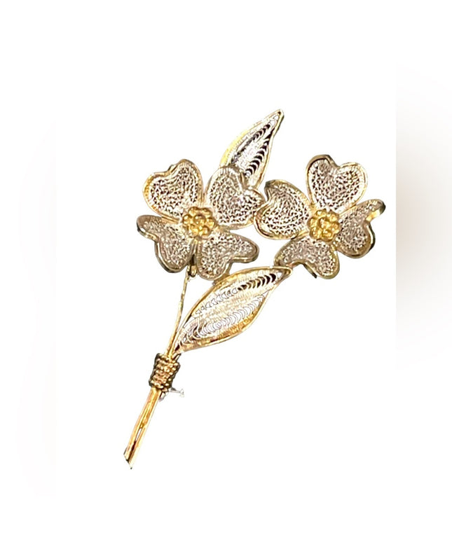 Antique 800 Italy silver gold wash fancy fillagree flower brooch