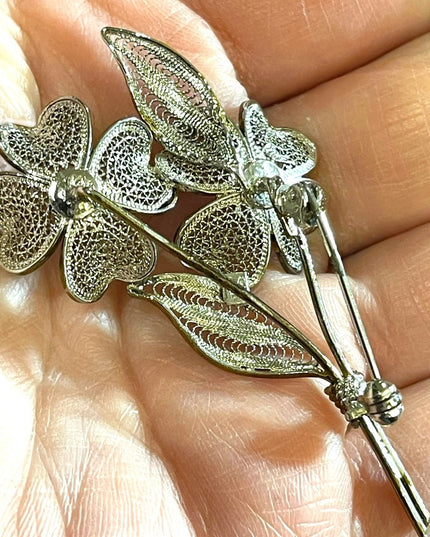 Antique 800 Italy silver gold wash fancy fillagree flower brooch