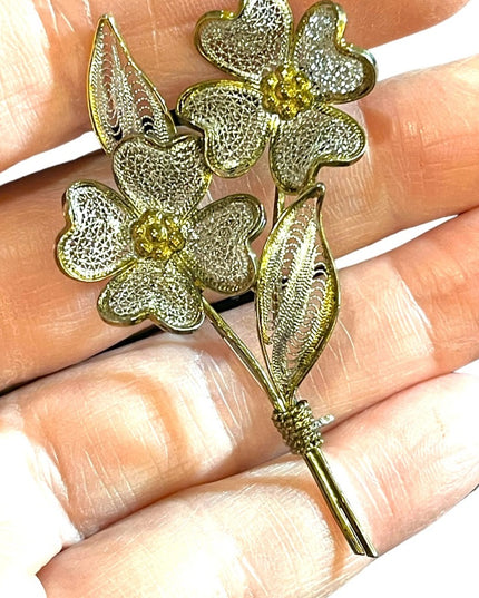 Antique 800 Italy silver gold wash fancy fillagree flower brooch