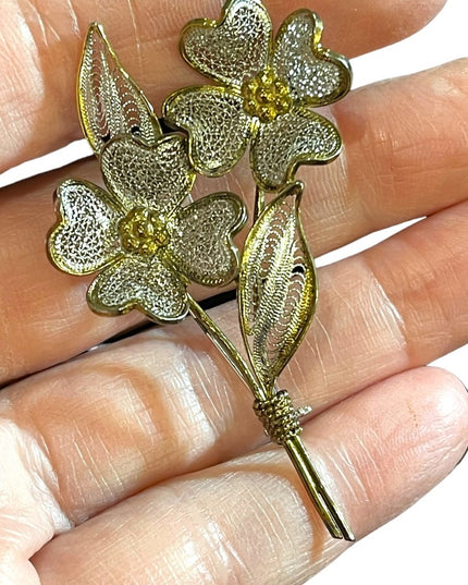 Antique 800 Italy silver gold wash fancy fillagree flower brooch