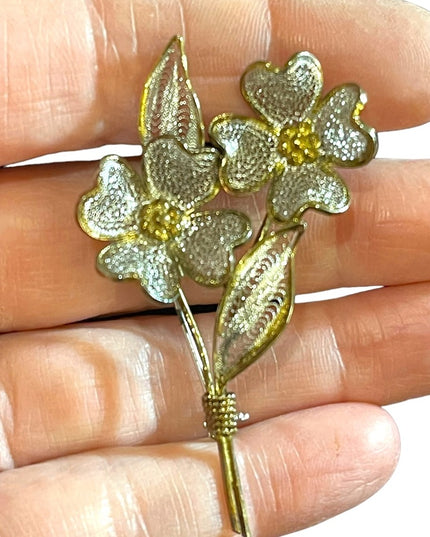Antique 800 Italy silver gold wash fancy fillagree flower brooch