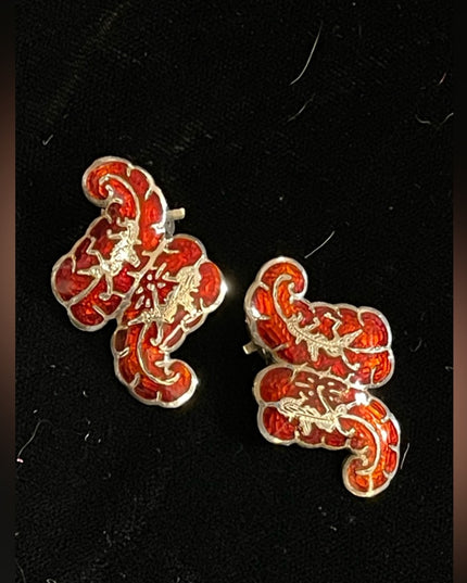 Vintage 1950s sterling silver SIAM red enamel fancy clip on earrings dancer