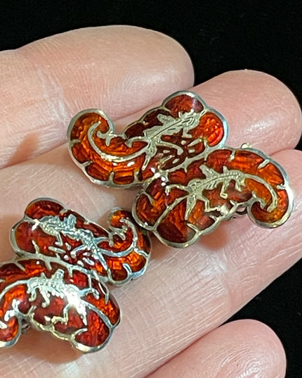 Vintage 1950s sterling silver SIAM red enamel fancy clip on earrings dancer