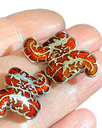 Vintage 1950s sterling silver SIAM red enamel fancy clip on earrings dancer