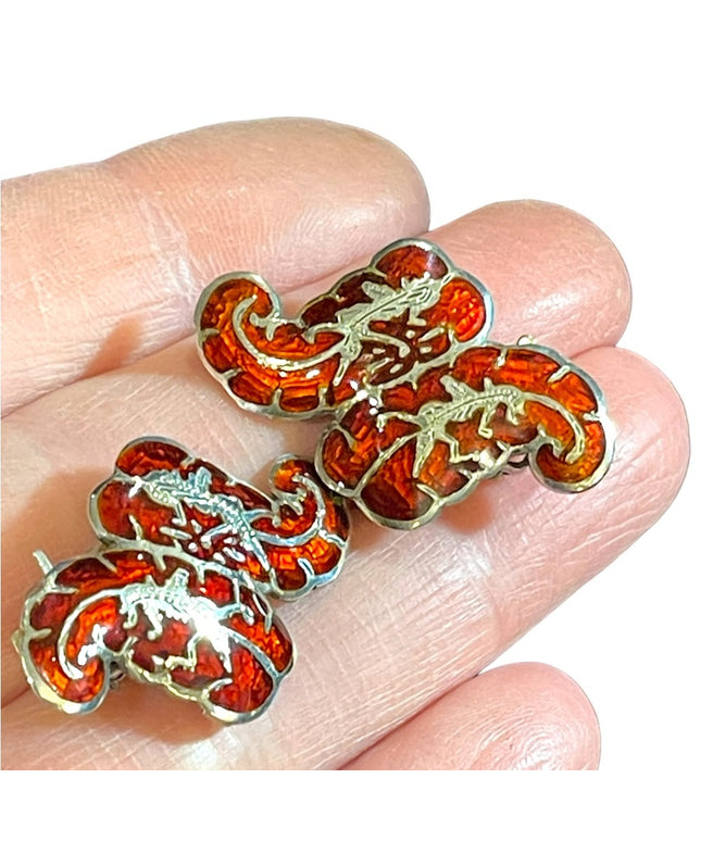Vintage 1950s sterling silver SIAM red enamel fancy clip on earrings dancer
