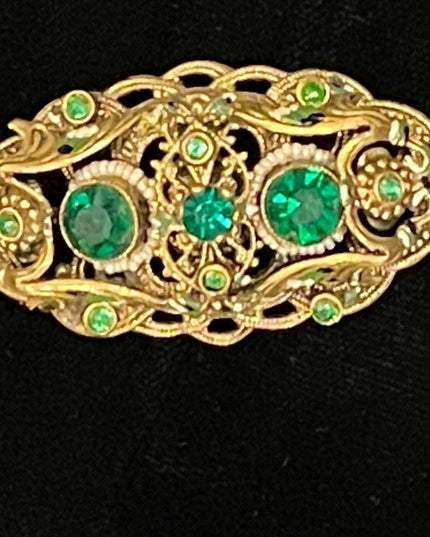 Antique 1920s Brass green paste glass CZECH fancy ornate design brooch