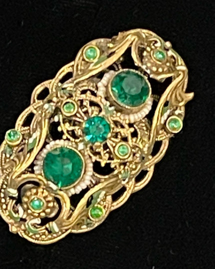 Antique 1920s Brass green paste glass CZECH fancy ornate design brooch