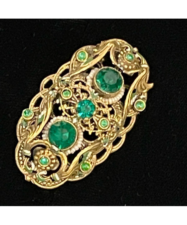 Antique 1920s Brass green paste glass CZECH fancy ornate design brooch