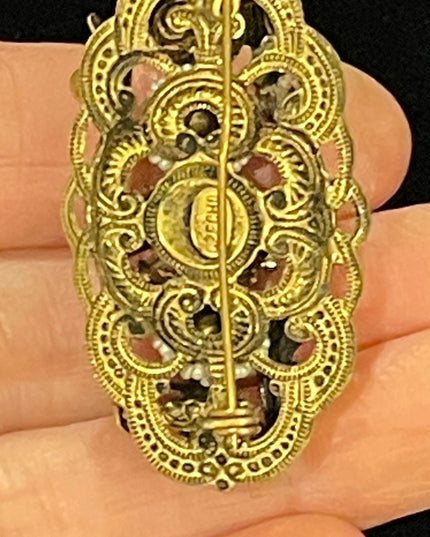Antique 1920s Brass green paste glass CZECH fancy ornate design brooch