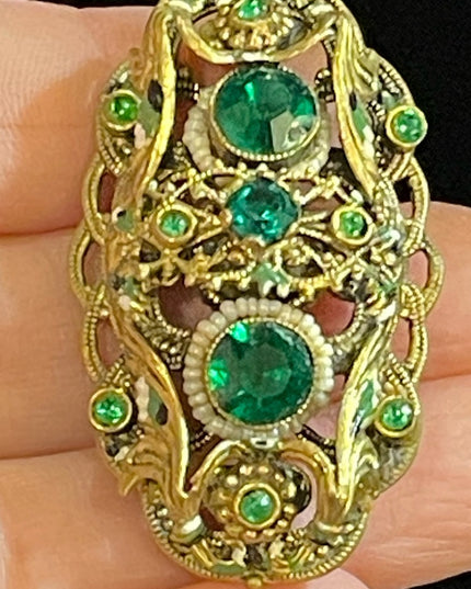 Antique 1920s Brass green paste glass CZECH fancy ornate design brooch