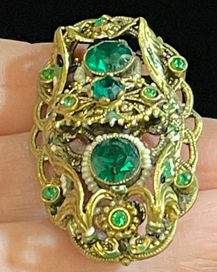 Antique 1920s Brass green paste glass CZECH fancy ornate design brooch