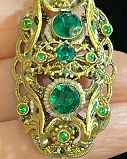 Antique 1920s Brass green paste glass CZECH fancy ornate design brooch