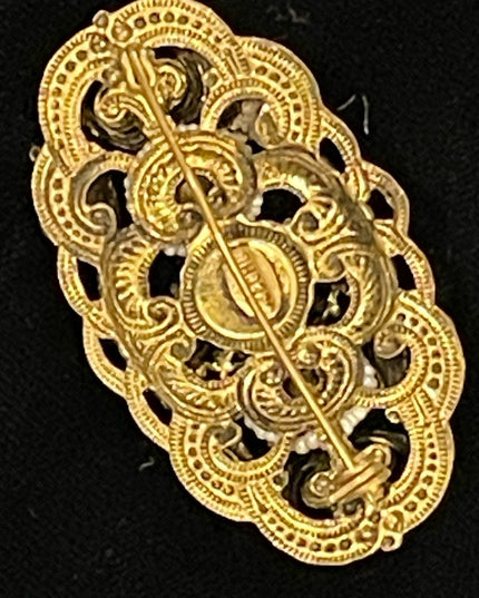 Antique 1920s Brass green paste glass CZECH fancy ornate design brooch