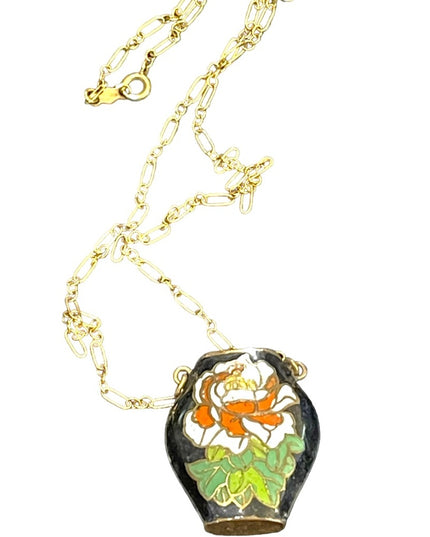 Vintage Cloissone flower vase  12k gold filled GF chain pendant necklace