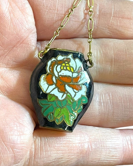 Vintage Cloissone flower vase  12k gold filled GF chain pendant necklace