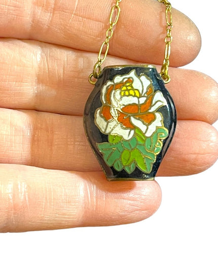 Vintage Cloissone flower vase  12k gold filled GF chain pendant necklace