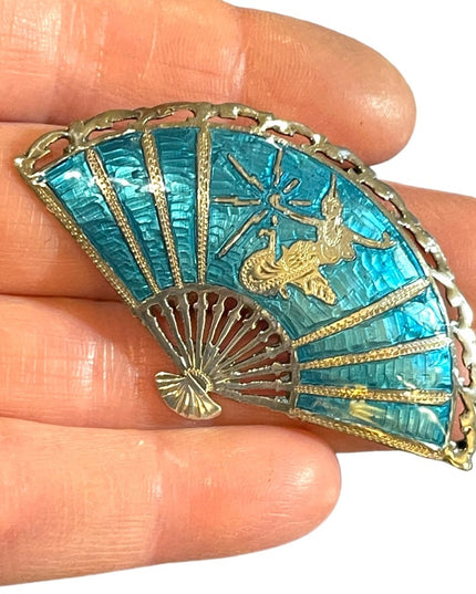 Vintage blue enamel Siam Sterling 925 goddess dancer Niello Brooch