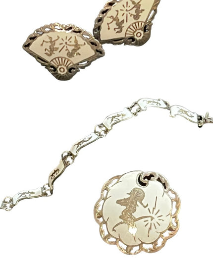 Vintage 1930s Siam Sterling 925 White enameled Demi Parure Bracelet brooch ear