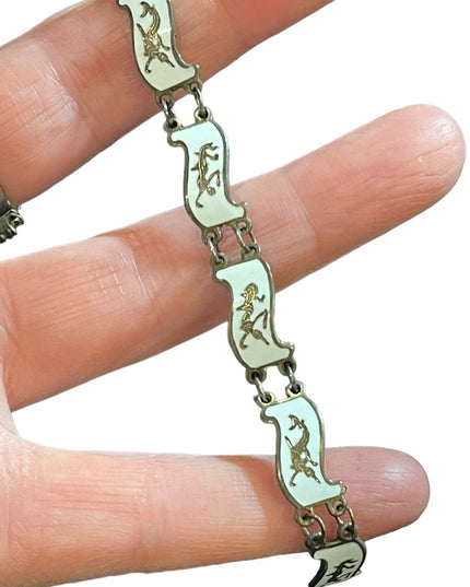 Vintage 1930s Siam Sterling 925 White enameled Demi Parure Bracelet brooch ear
