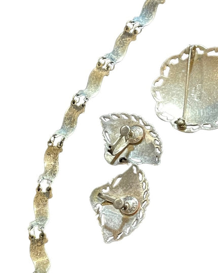 Vintage 1930s Siam Sterling 925 White enameled Demi Parure Bracelet brooch ear