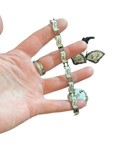 Vintage 1930s Siam Sterling 925 White enameled Demi Parure Bracelet brooch ear