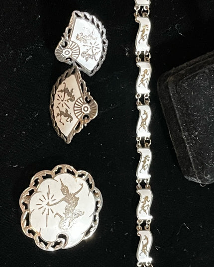 Vintage 1930s Siam Sterling 925 White enameled Demi Parure Bracelet brooch ear