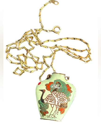 Vintage chinese cloissone Hand painted enameled small bird vase necklace