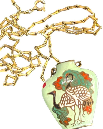 Vintage chinese cloissone Hand painted enameled small bird vase necklace