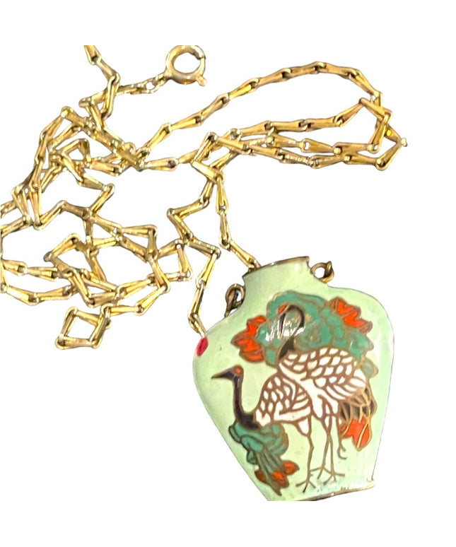 Vintage chinese cloissone Hand painted enameled small bird vase necklace