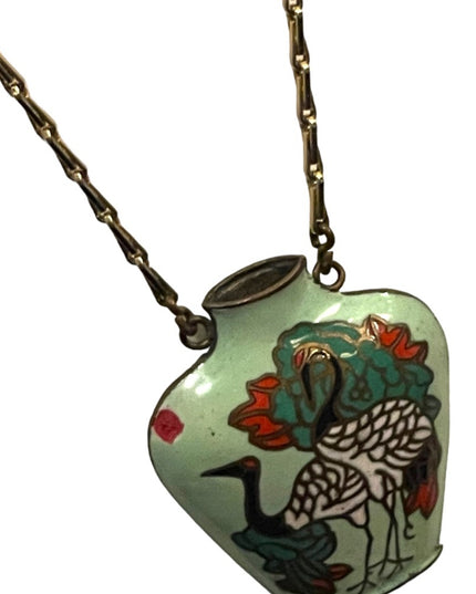 Vintage chinese cloissone Hand painted enameled small bird vase necklace