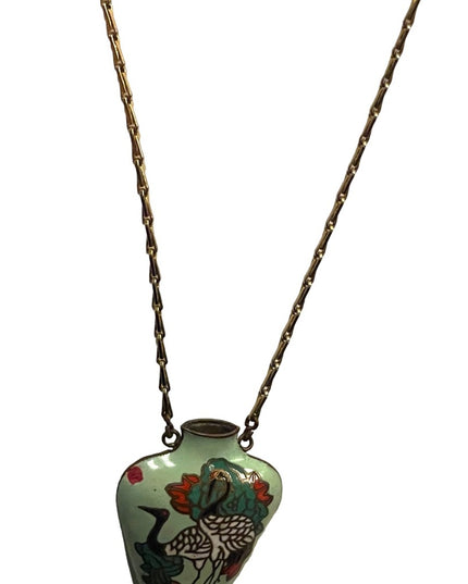 Vintage chinese cloissone Hand painted enameled small bird vase necklace