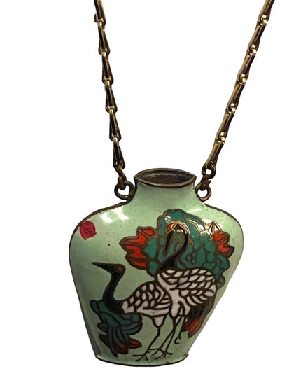 Vintage chinese cloissone Hand painted enameled small bird vase necklace