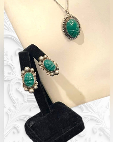 Vintage Green Onyx carved Mexican earrings & necklace 925
