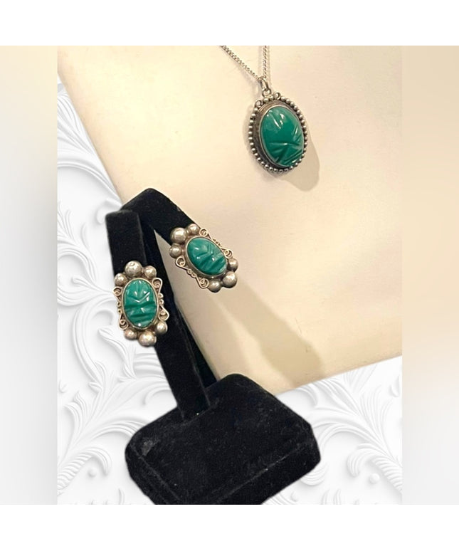 Vintage Green Onyx carved Mexican earrings & necklace 925