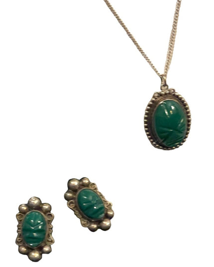 Vintage Green Onyx carved Mexican earrings & necklace 925