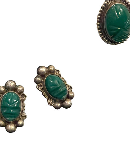 Vintage Green Onyx carved Mexican earrings & necklace 925