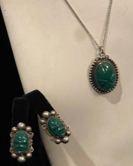 Vintage Green Onyx carved Mexican earrings & necklace 925