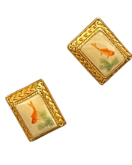 Antique Chinese Export filagree gold wash SILVER KOI fish lucky earrings