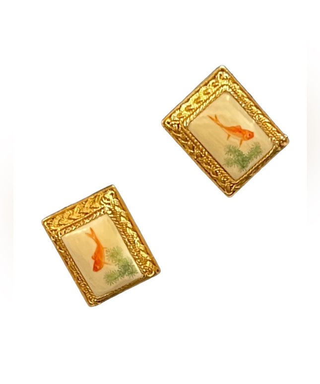Antique Chinese Export filagree gold wash SILVER KOI fish lucky earrings