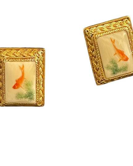 Antique Chinese Export filagree gold wash SILVER KOI fish lucky earrings