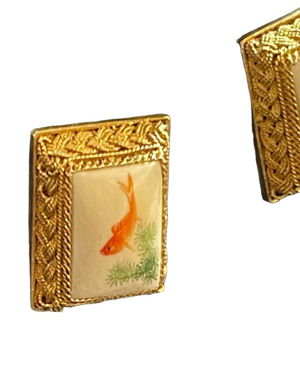 Antique Chinese Export filagree gold wash SILVER KOI fish lucky earrings
