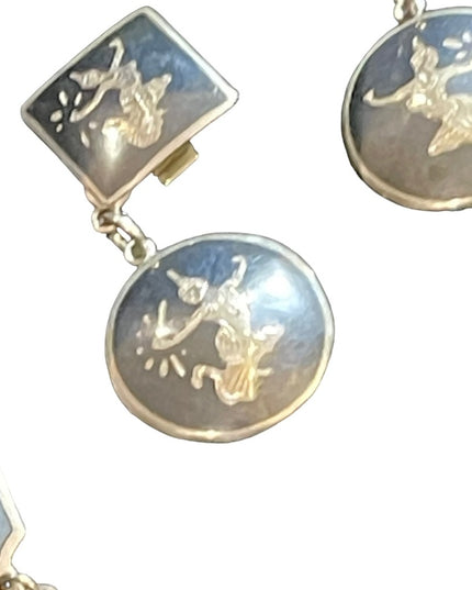Vintage 1930s Siam sterling black enamel bracelet clip dangle earrings goddess