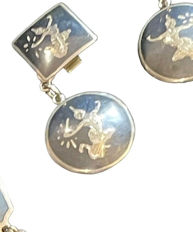 Vintage 1930s Siam sterling black enamel bracelet clip dangle earrings goddess