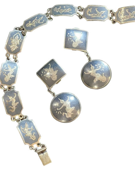 Vintage 1930s Siam sterling black enamel bracelet clip dangle earrings goddess