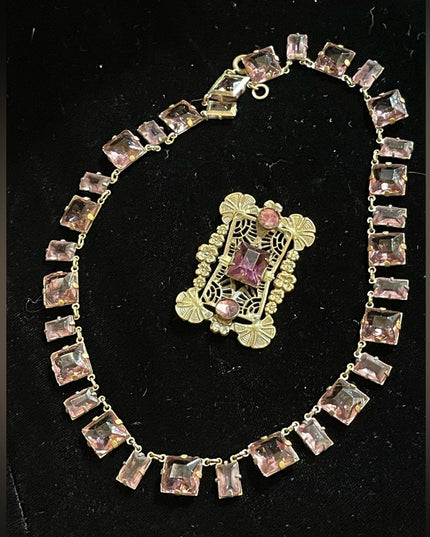 Antique Purple lavender CZECH paste glass Riviere Necklace and brooch brass