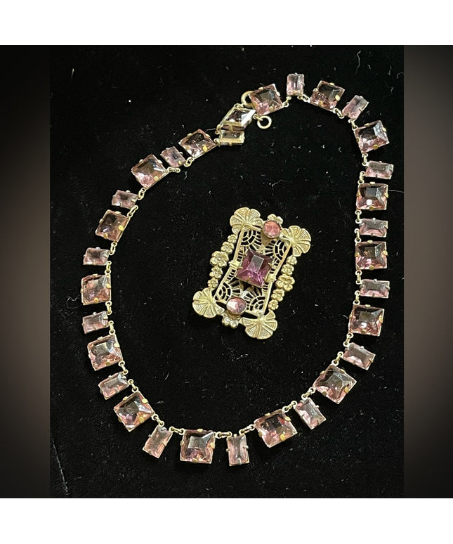 Antique Purple lavender CZECH paste glass Riviere Necklace and brooch brass