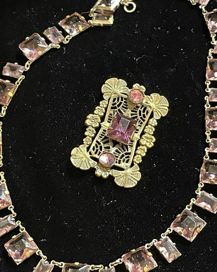 Antique Purple lavender CZECH paste glass Riviere Necklace and brooch brass