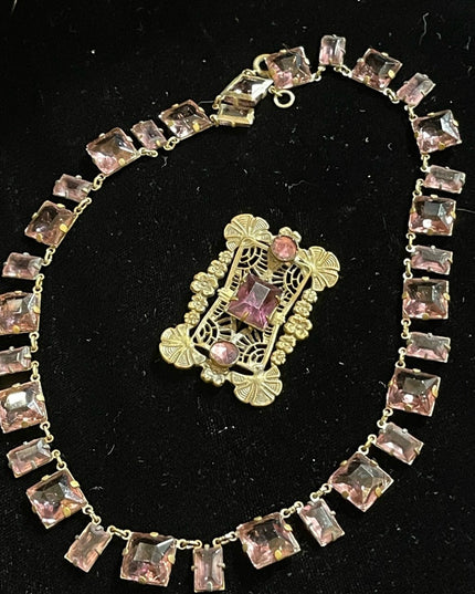 Antique Purple lavender CZECH paste glass Riviere Necklace and brooch brass