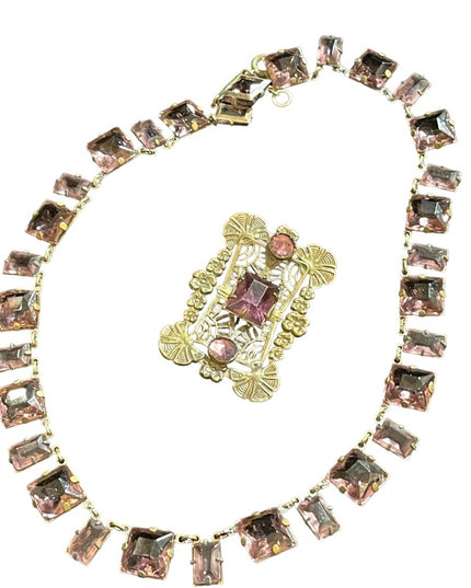 Antique Purple lavender CZECH paste glass Riviere Necklace and brooch brass